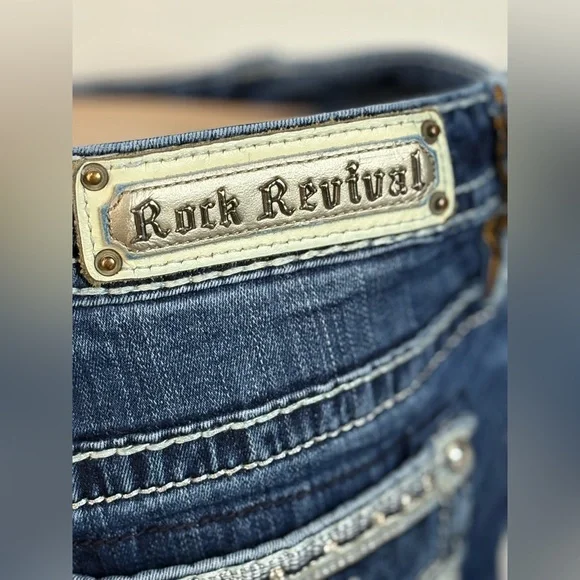 Rock Revival Women’s Bootcut Jeans Blue Denim Mid Rise Silver Accents Size 29